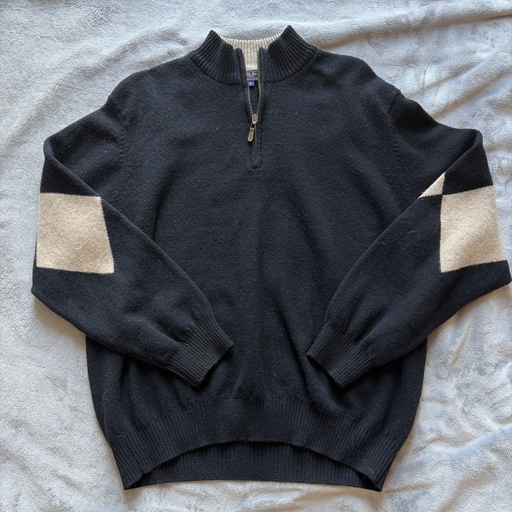 Men's XL Bobby Jones Players Quarter Zip Sweater 100% Lambswool Black/Beige